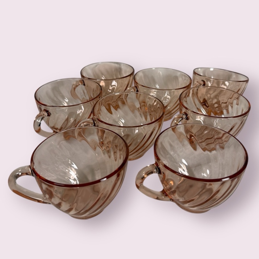 Vintage Arcoroc France French Pink Swirl Rosaline Teacups Set of 8
